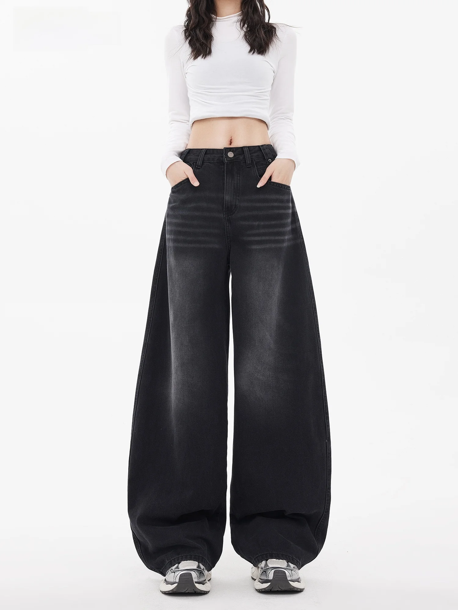 

Black Wide Leg Knife Denim Jeans Women's Summer 2026 Cool Street Style High Waist Washed out Scratch Casual Loose Fit