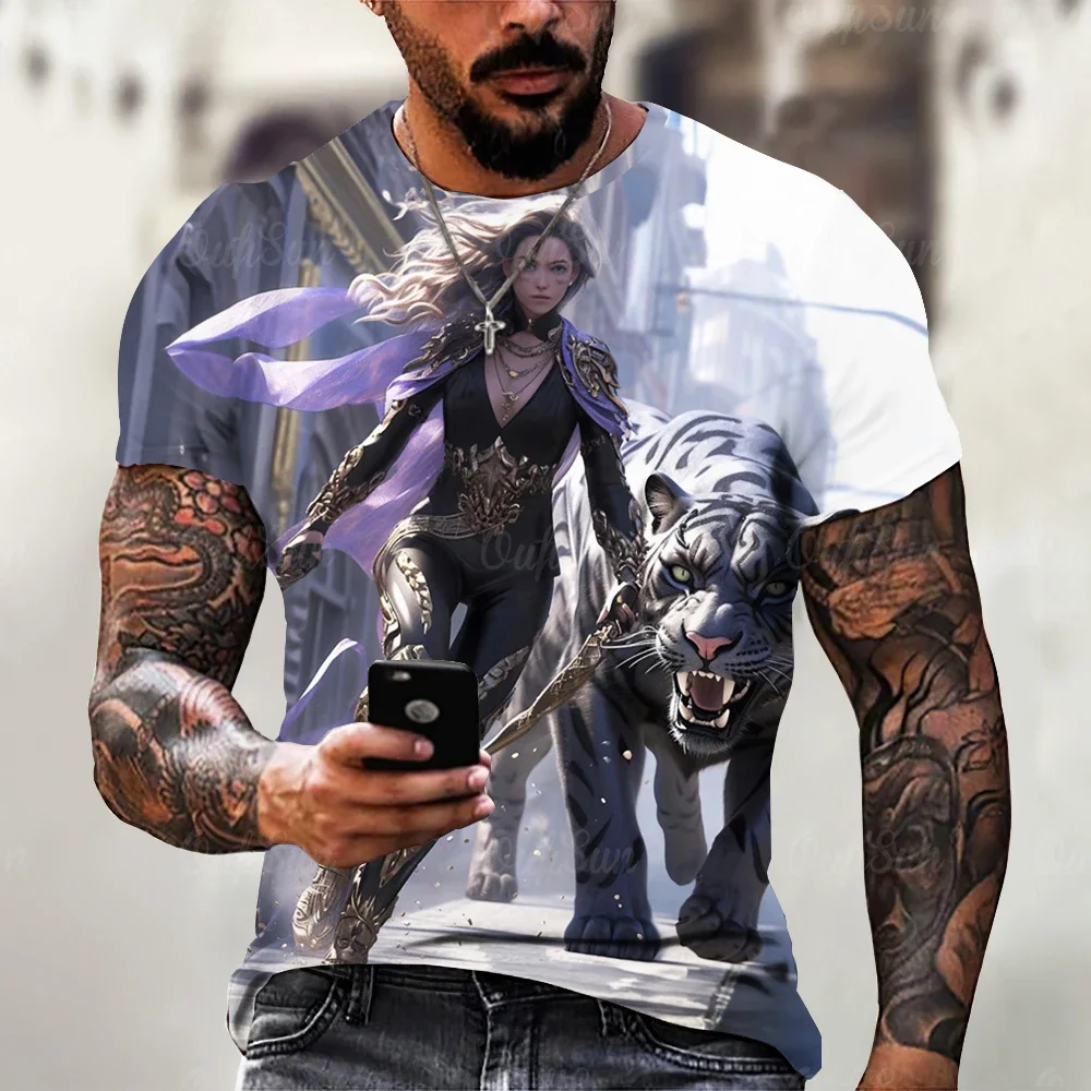 Popular Men's Fierce Tiger Animal 3D Printed T-shirt Summer Men's Mighty O Collar Loose Short Sleeve T-shirt Clothing