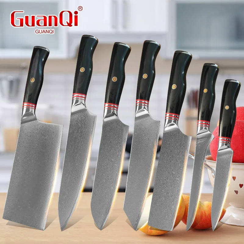 7-teiliges Professionelles Damaszener Stahlmesser-Set Ultrascharfe Küchenmesser Schneidmesser Hackmesser Allzweckmesser Obstmesser für Haushalt und Küche