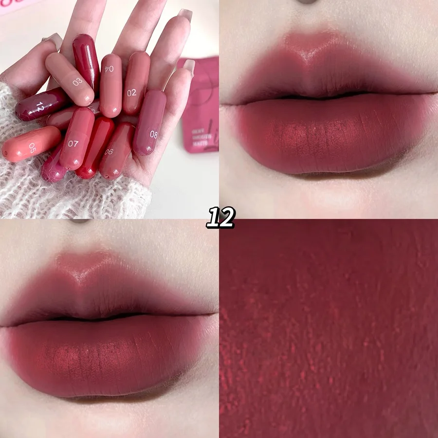 Juego de pintalabios cápsula de 12 colores, esmalte de labios mate de terciopelo resistente al agua, Sexy desnudo, fácil de colorear, taza antiadherente, lápiz labial, maquillaje novedoso