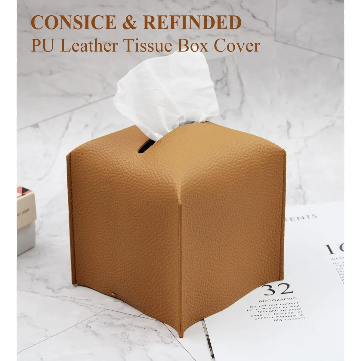 모던 스퀘어 티슈 홀더 카멜, PU 가죽 정리함 화장대 카운터탑 데스크용