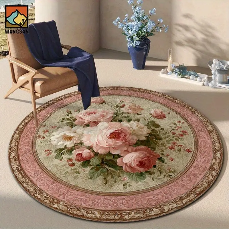 VIKAMA European Retro Oil Painting Powder Rose Carpet, Swivel Chair Cushion, French Bedroom Light Luxury Floor Mat
