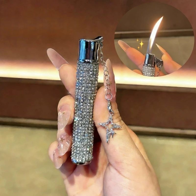 New Handmade Diamond Exquisite Hanging Chain Inflatable Lighter Outdoor Mini Portable Butane Open Flame Lighter Women's Gift
