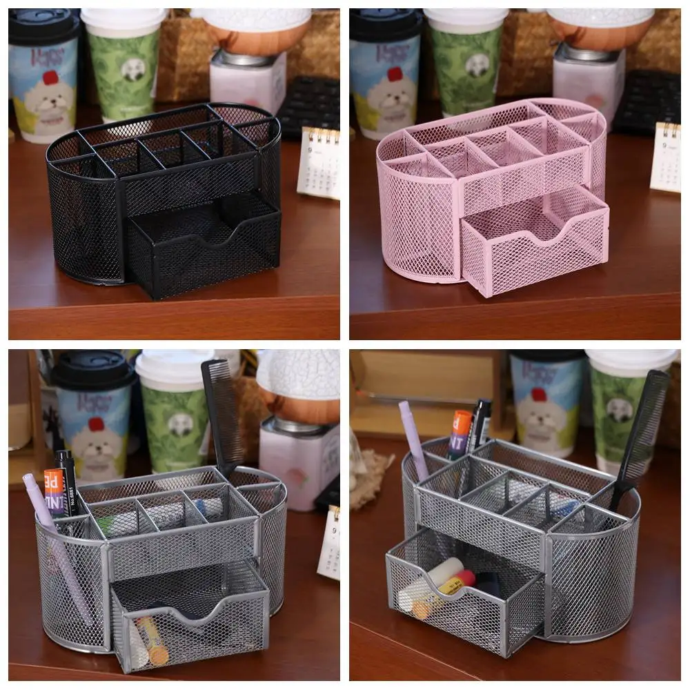 Portalápices de hierro Nine, organizador de escritorio negro de malla metálica, ahorro de espacio con cajón, organizador de papelería para estudiantes
