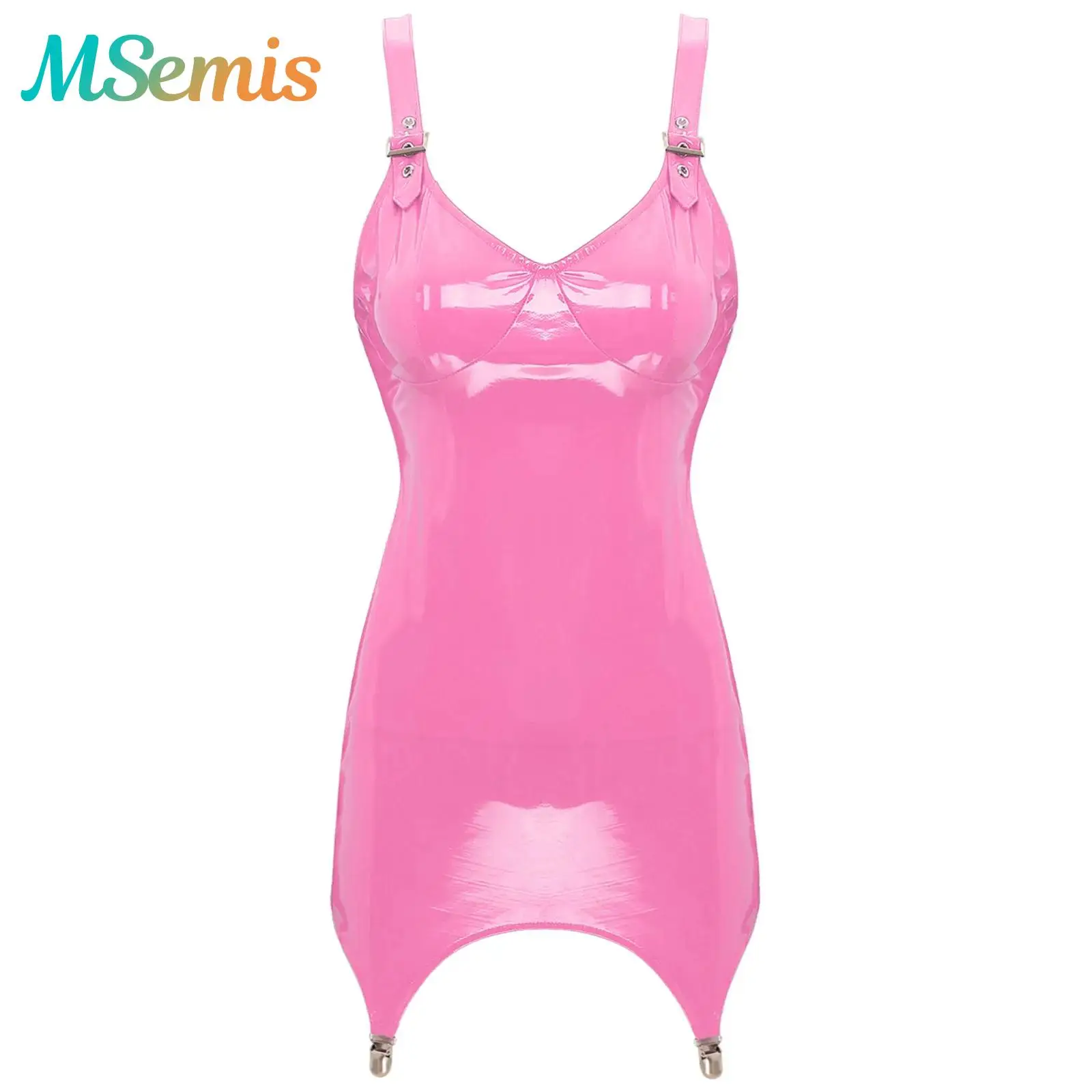 

Womens Sexy Club Latex Bodycon Dress Back Zipper Mini Lingerie Dress with Garter Clips Glossy Patent Leather Tights Mini Dress