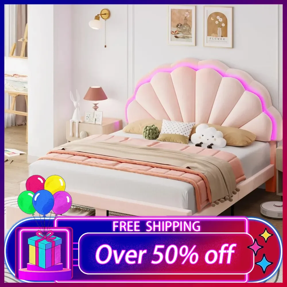 Marco de cama LED tapizado Queen con 2 cajones de almacenamiento y cabecero de doble pétalo elegante ajustable, cama con plataforma de princesa de terciopelo, rosa