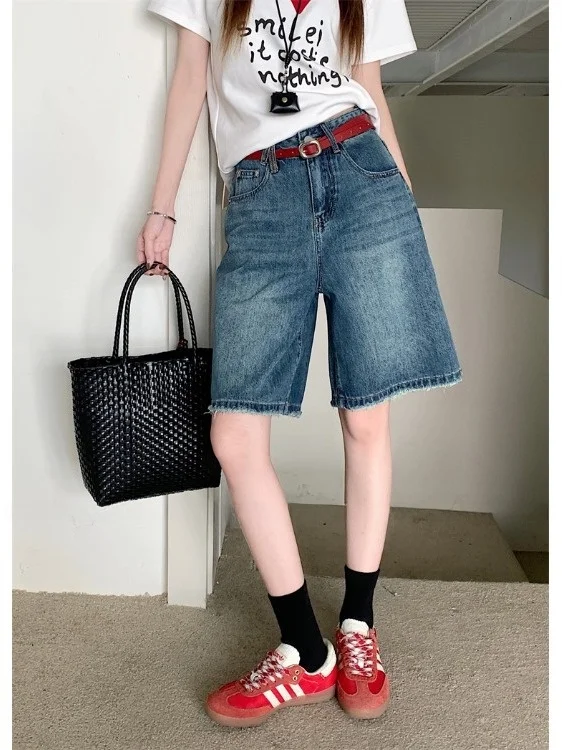 

Retro Washed Wide Leg Denim Shorts Women's Spring 2026 New Versatile High Waist Slim Straight Five-Quarter Length Mid-Pants