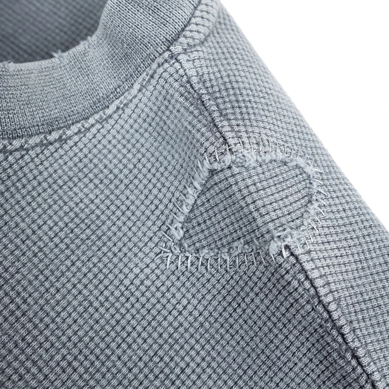 Neue Stil Einfarbig Waffel Langarm T-shirt Retro Tun Alte Casual Einfache Kreative Design Patch Top T