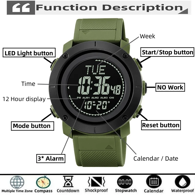 Skmei Electronic Compass Digital Watches Waterproof LED Chronograph 3 Alarm Clock Male Multiple Time Zone Sports Wristwatch