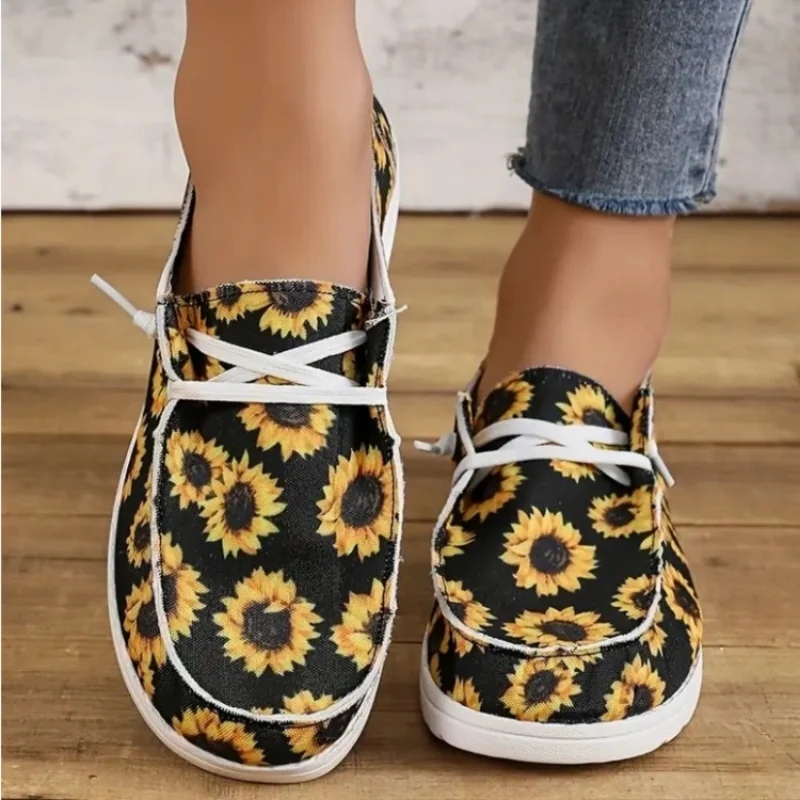 Zapatos planos de cabeza redonda para mujer, calzado informal con estampado y cordones, a la moda, para exteriores, a la venta, 2023