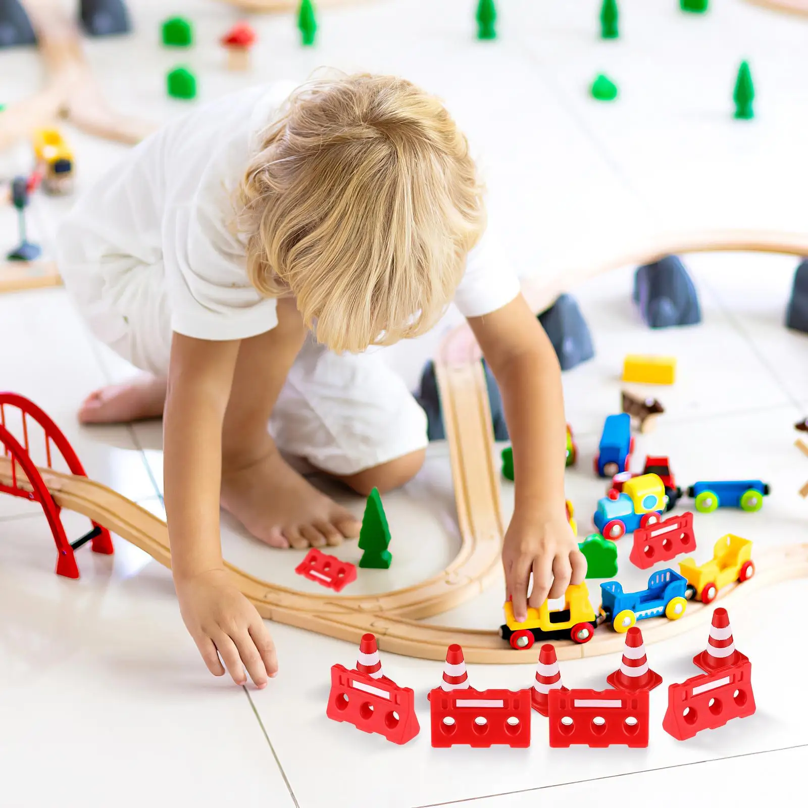 

24pcs Traffic Cones Fences Models Plastic Toys Kids Child Miniature Fences Road Sign Barricade Toy Fence Sand Table Props