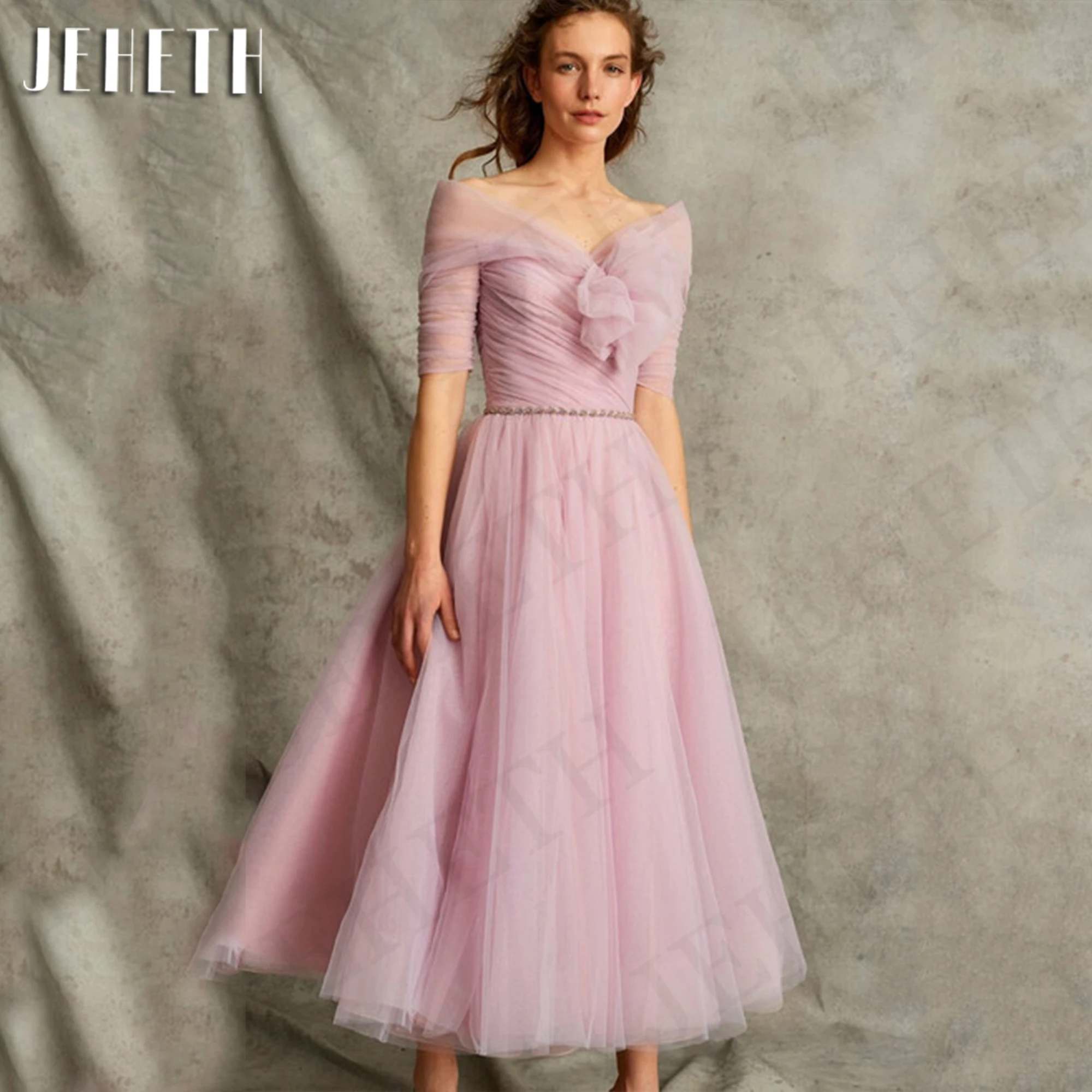 

JEHETH Spring Half Sleeves Tulle Prom Dresses 2024 Pink Off Shoulder A Line Graduation Dress Tea Length Party robe de soirée