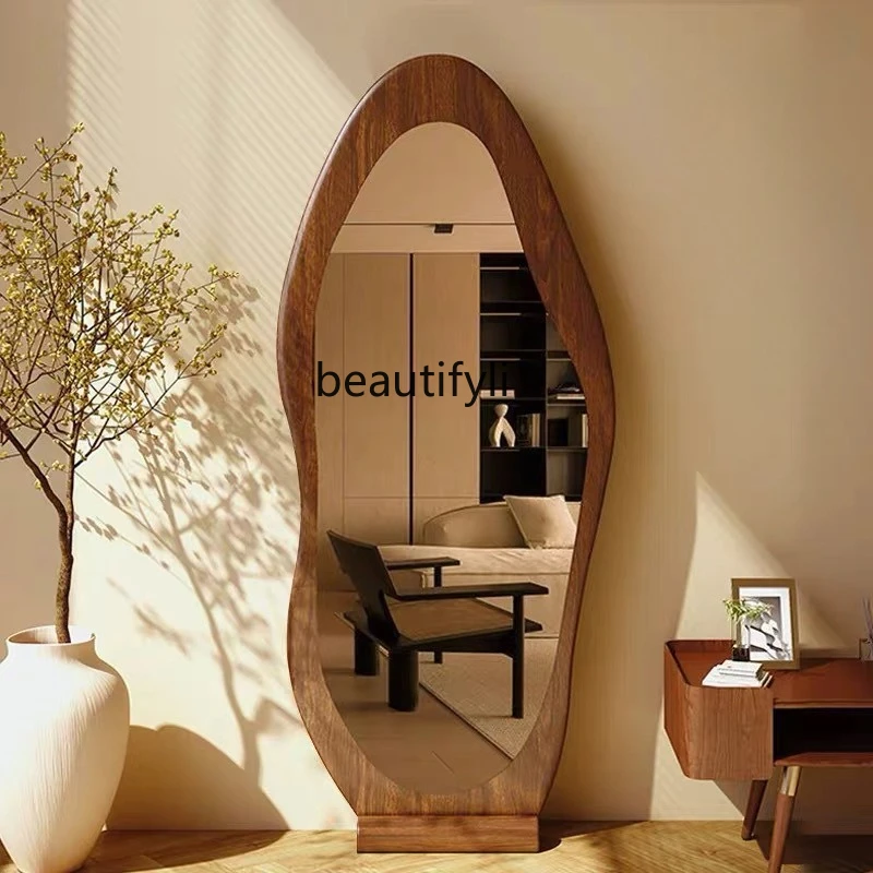 

Vintage Style Solid Wood Floor Mirror Rubber Wood Dressing High-End Feel Wall-Mountable Full-Length Mirror