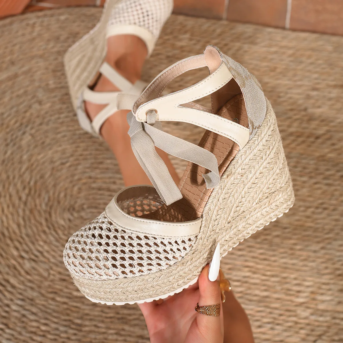 

Women's Breathable Mesh Wedge Espadrilles Closed Toe Platform Sandals 2026 New Ankle Ribbon Lace-Up Non-slip Summer Vacation Sho