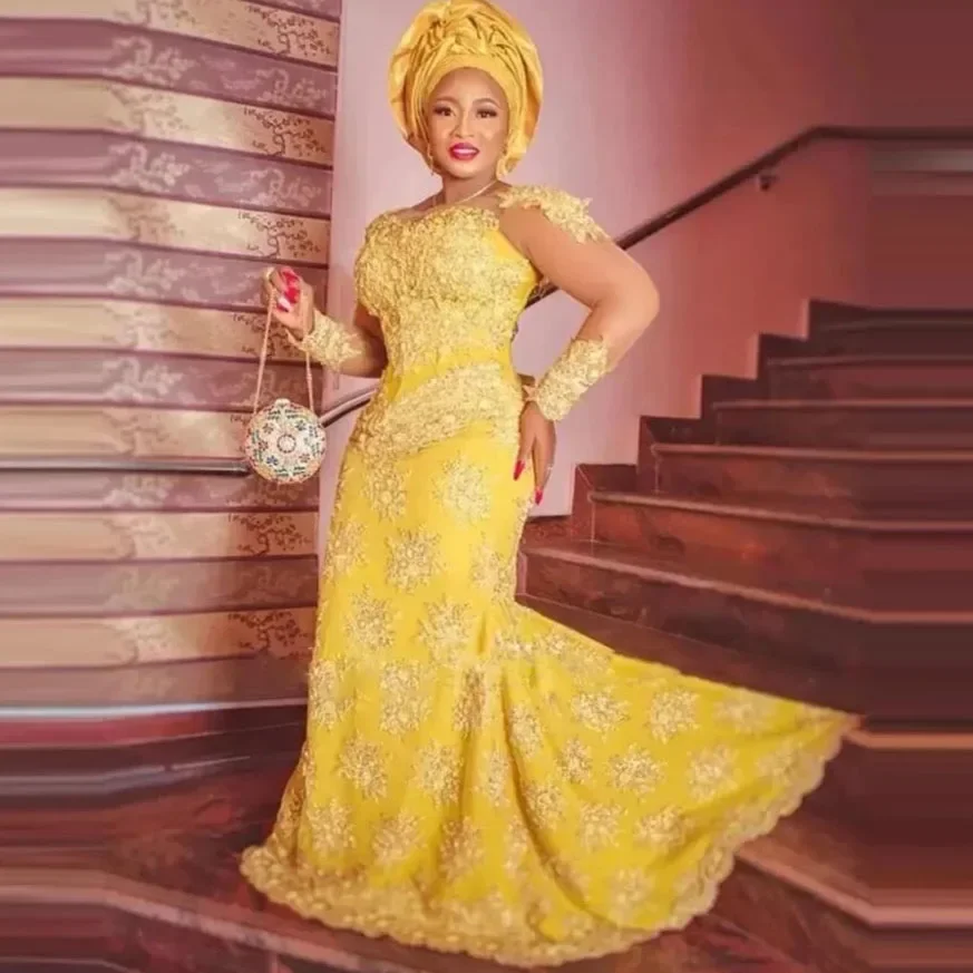 Vintage Yellow Lace Aso Ebi Gown Long Sleeves Plus Size Nigerian Wedding Dresses Custom Made  African Women Formal Prom Dress