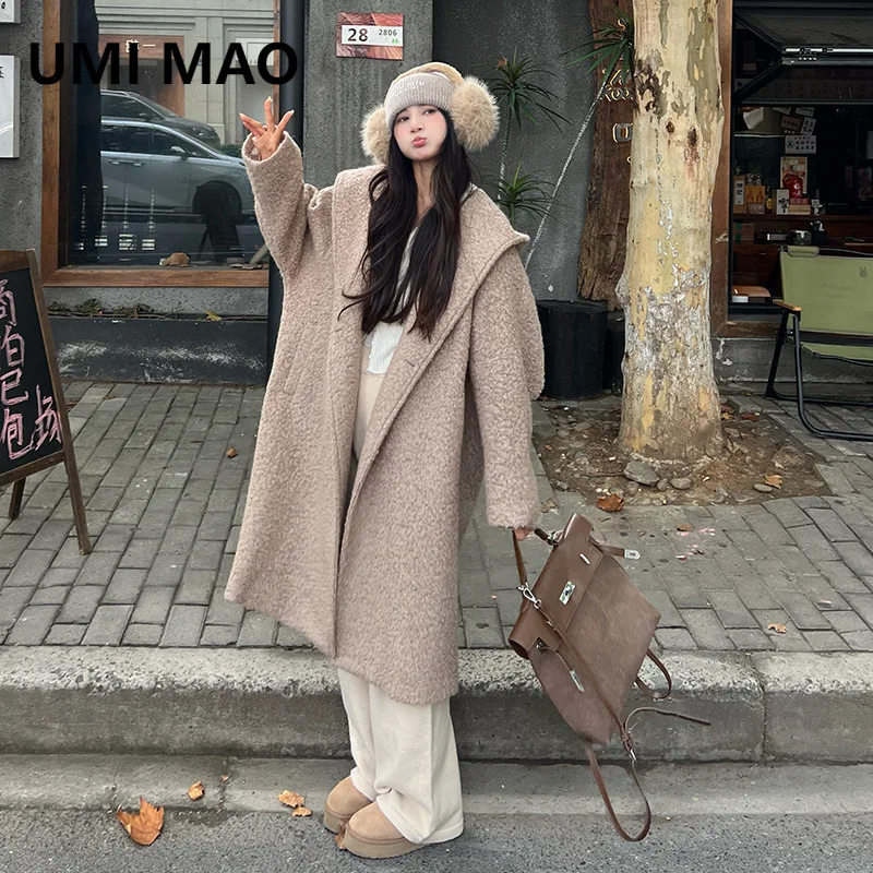 

UMI MAO шерстяное пальто женское зимнее новое корейское стильное утягивающее теплое длинное толстое хлопковое пальто с капюшоном женское пальто