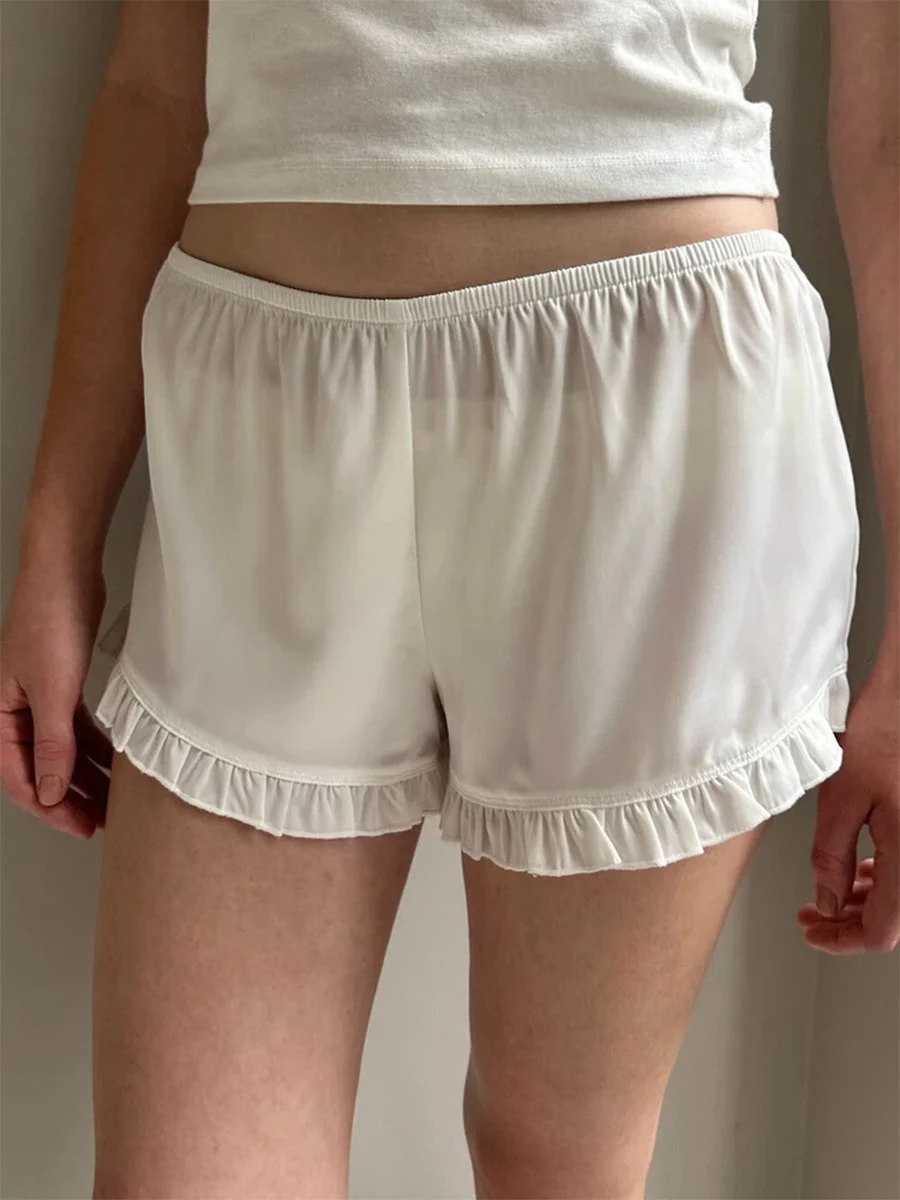 Women's Summer Shorts Casual Loose Fit Solid Ruffled Trim Elastic Low Rise Shorts for Outerwear/ Indoor