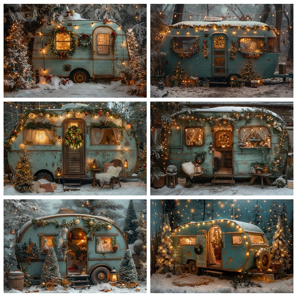 

Christmas Vintage Camping Car Photography Background Winter Forest Xmas Trees Kids Family Portrait Decor Backdrop Photo Studio