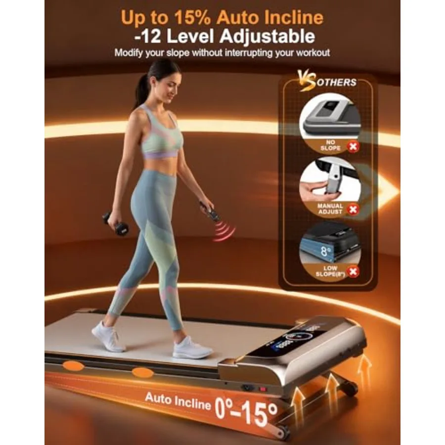 Home office walking pad treadmill with steel frame, black finish, 15 auto incline, UI screen, Bluetooth speaker, RGB light, 450