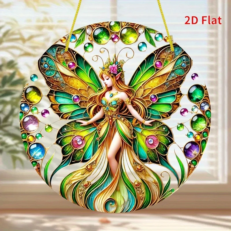 2D Flacher, 1-teiliger Märchenhafter Goldener Schmetterling Sonnenfänger - 20x20cm Runde Acryl-Fensterdekoration im Buntglas-Stil mit Lebendigen Farben