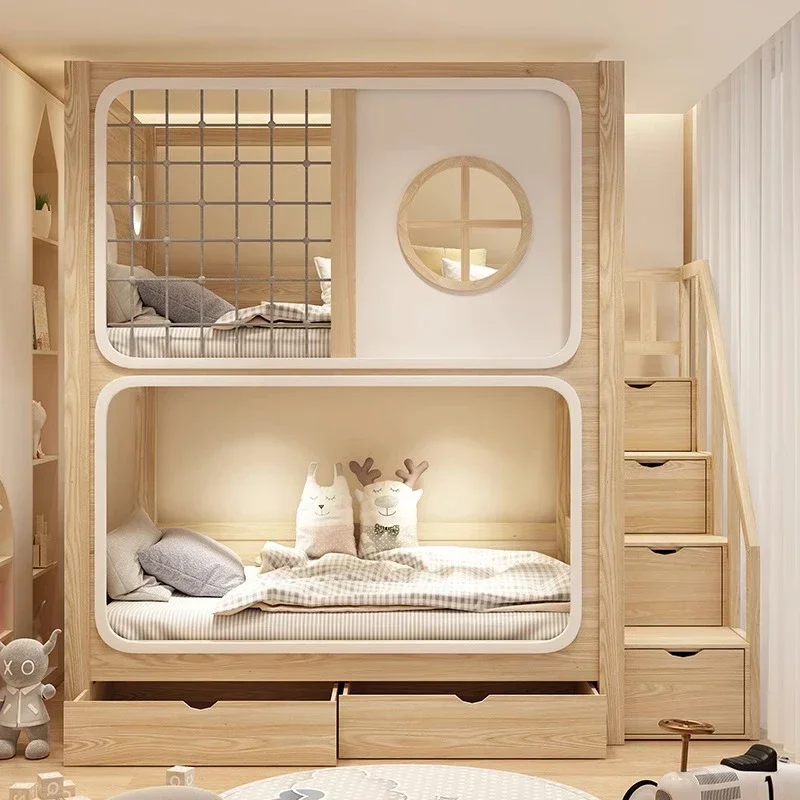 

Full solid wood bed bunk bed tree house second floor same width children's boy high and low wood color child