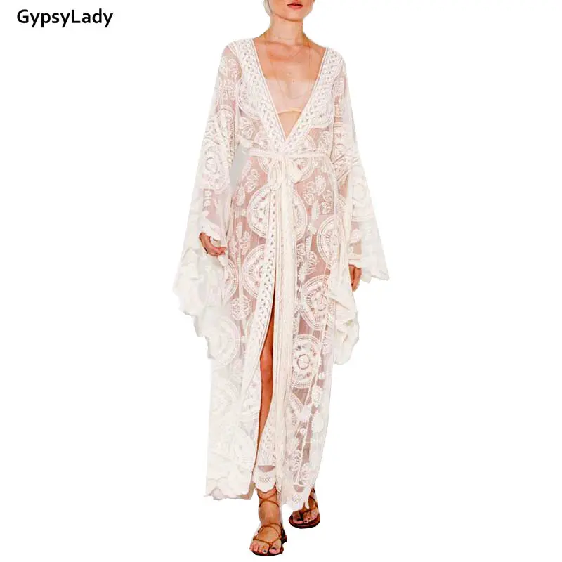 Pouvez-vous psyLady-Cache-maillot en maille brodée pour femme, kimono long, tunique blanche, plage, kaftan, vacances, bohème, vêtements de plage, été