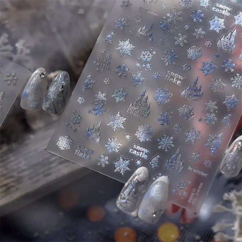 Carino dolce fiocco di neve castello albero di Natale adesivo per unghie donne eleganti di lusso colla posteriore autoadesiva decalcomanie per adesivi per nail art fai da te