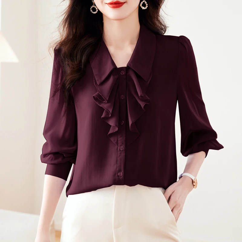 

Fashion Long Sleeve Office OL Blouse Women 2025 Autumn Ruffles Collar Tops Stylish Work Wear Shirt Casual Female Clothes