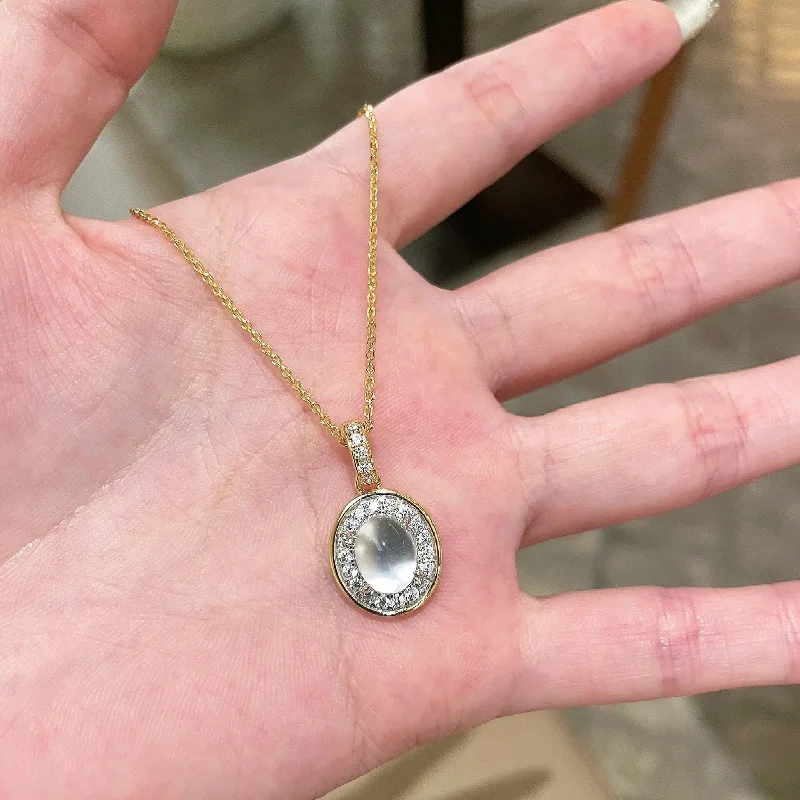 

Retro diamond studded natural ice chalcedony necklace simple semi transparent gentle style oval collar chain wedding jewelry