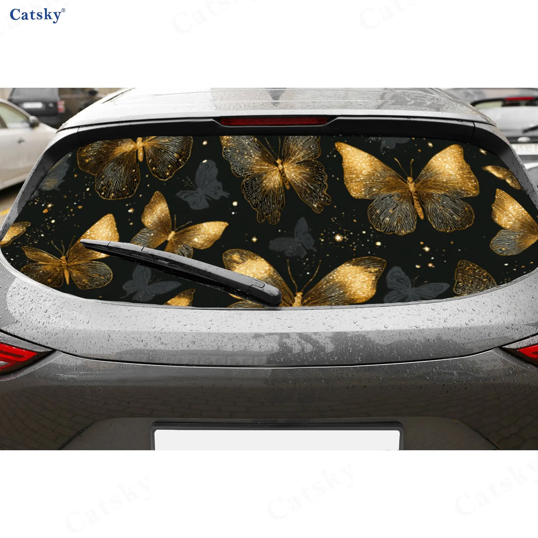 

Shining Golden Butterfly Black Gold Luxury PVC Perforated Car Vinyl Wraps, Durable Car Rear Windshield Sticker, Waterproof Car R