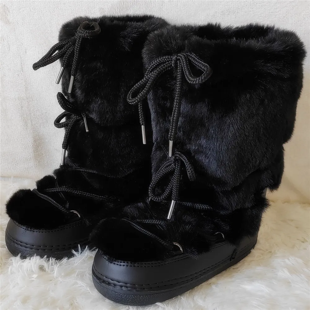 2024 Winter Rabbit Fur Long Boots for Women Brand Design Luxury Warm Fluffy Fur Ski Boots Female Platform Lace-up Leather Boots