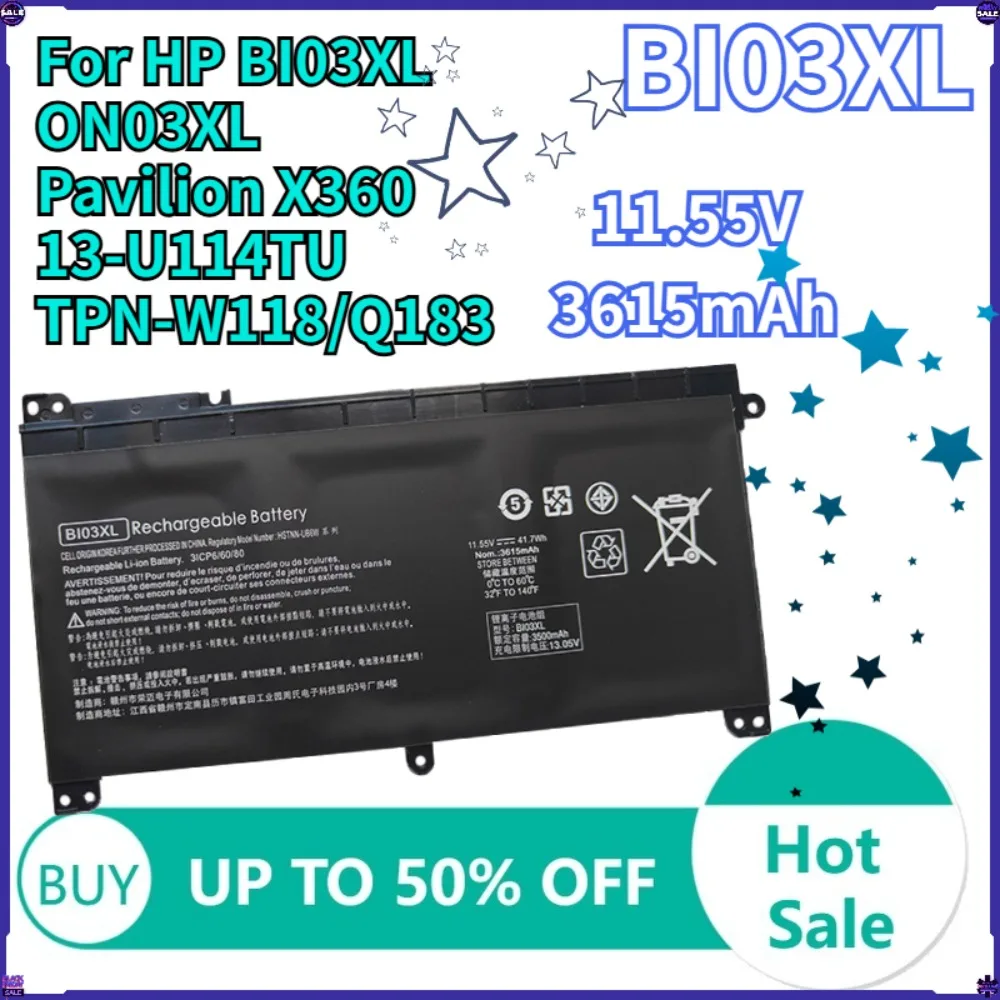 

Аккумулятор для ноутбука HP Pavilion X360 13-U100 M3-U 14-AX010 TPN-W118 HSTNN-LB7P, совместимый с ON03XL, 41.7WH, 3615 мАч, BI03XL