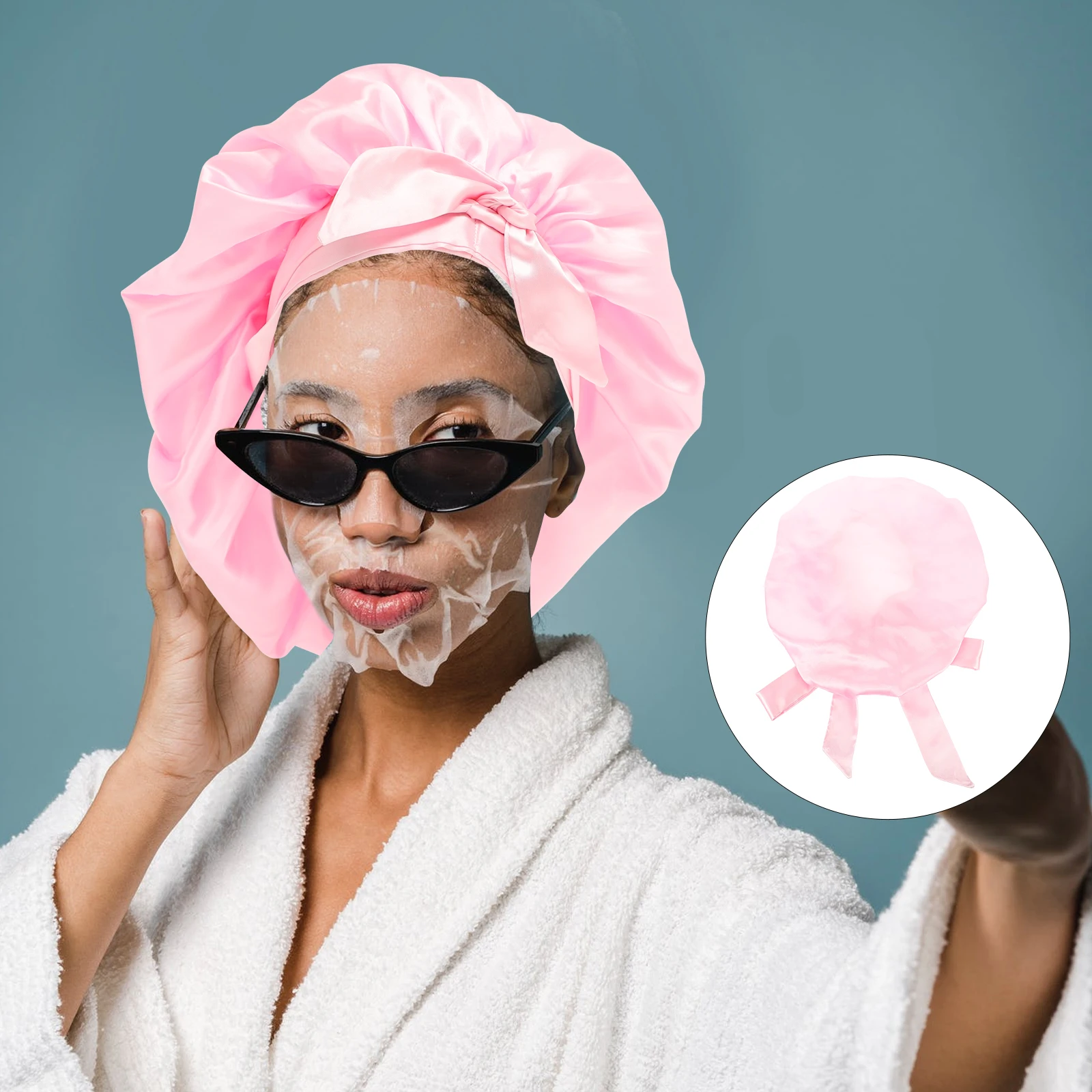 

Large Shower Cap Satin Sleep Bonnet Hair Caps for Sleeping Bow Tie Hat Pink Miss