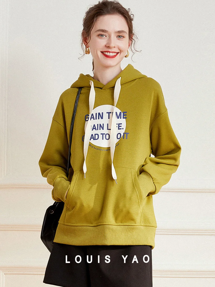 LOUIS YAO 2024 Winter Plus Velvet Thick Letter Printed Top Fashion Casual Hoodie Long Sleeve Women's Hoodie