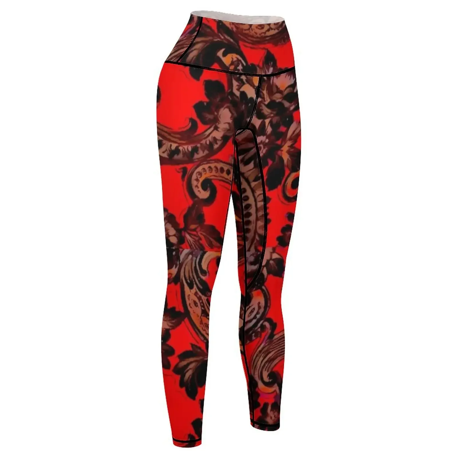 Black flower pattern on a red background Leggings gym clothing Training pants Clothing fitness Fitness woman Womens Leggings