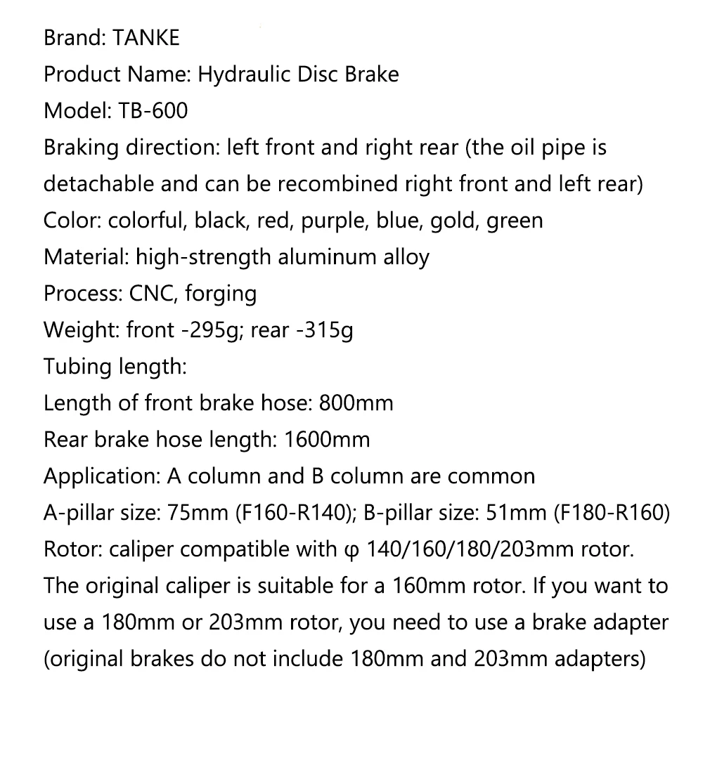 TANKE MTB 4-Piston Hydraulic Disc Brake Bicycle Resin Pad Oil Pressure Caliper Two-Way Brake 160mm Rotor Tb-600 Hydraulic Brake