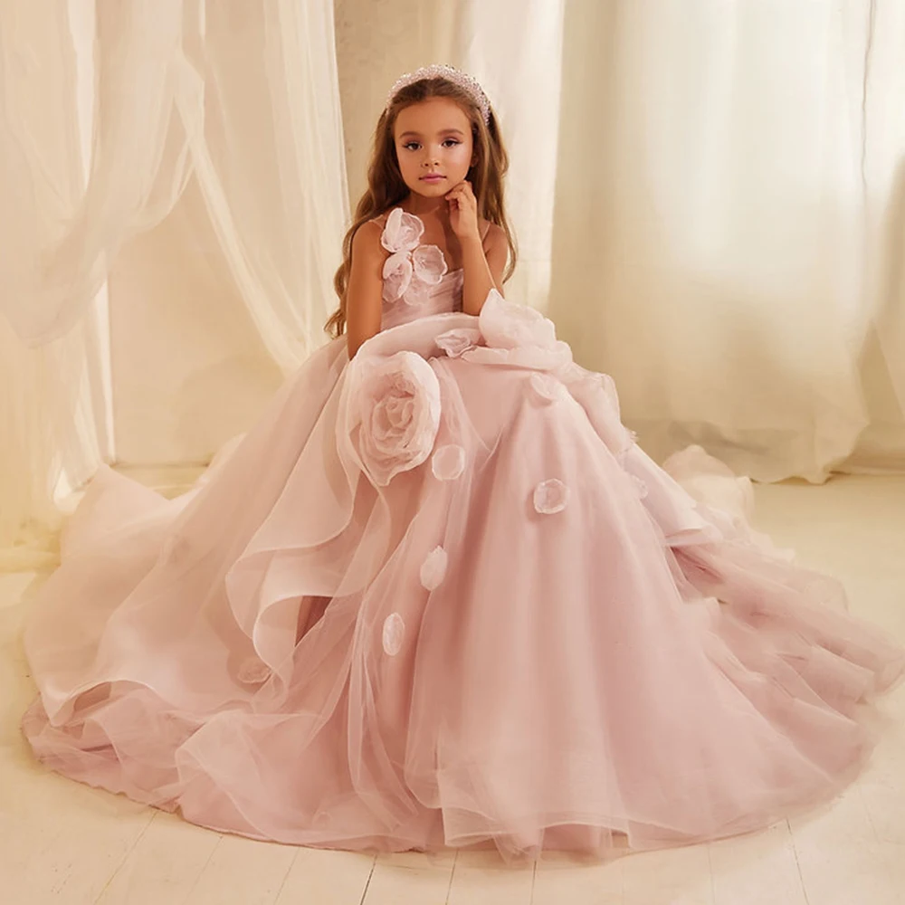 

Pink Flower Girl Dress For Wedding Puffy Tulle Applique Kids Party Birthday Baby Princess Dress First Communion Ball Gown