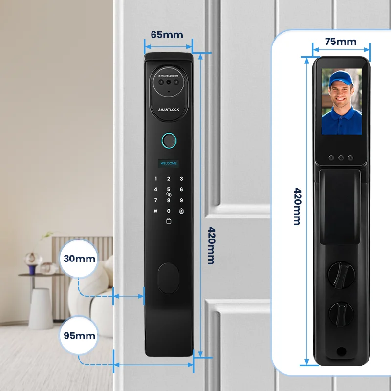 Russian Facial Recognition Automatic Door Lock TUYA Front Door Fingerprint Smart Lock Digit Camera Visible Inner Screen