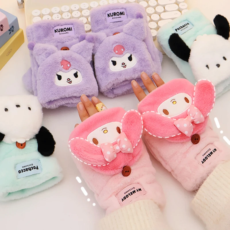 

New Sanrio Kawaii Kuromi Gloves Anime My Melody Pochacco Comfortable Soft Warm Half Finger Gloves Cute Cartoon Toy for Girls