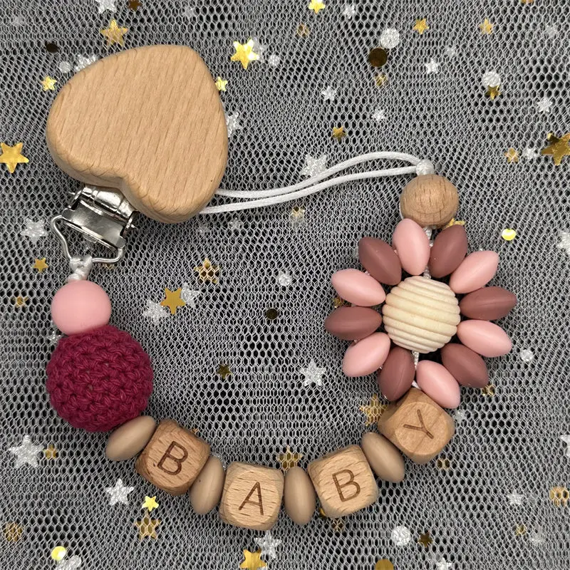 HOT Custom Name Wooden Personalized Beech Baby Pacifier Chain Clip Silicone Bead Nipple Holder Teether Pendant Newborn Toys Gift