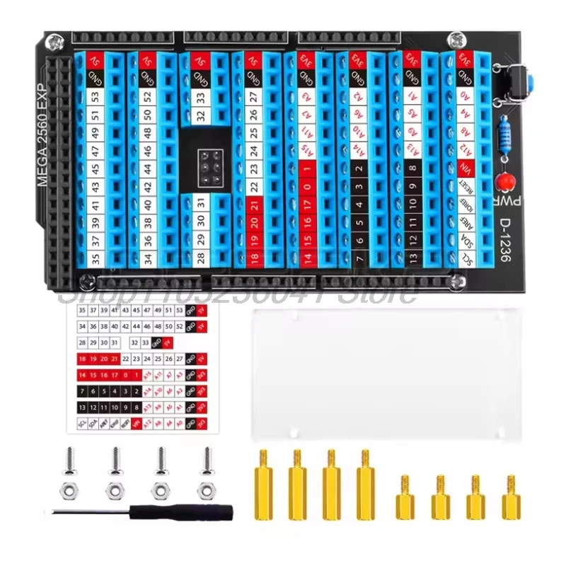قبعة Arduino لـ Arduino MEGA 2560 R3 زر إعادة ضبط القبعة الطرفية ولوحة حماية من الأكريليك بمؤشر LED