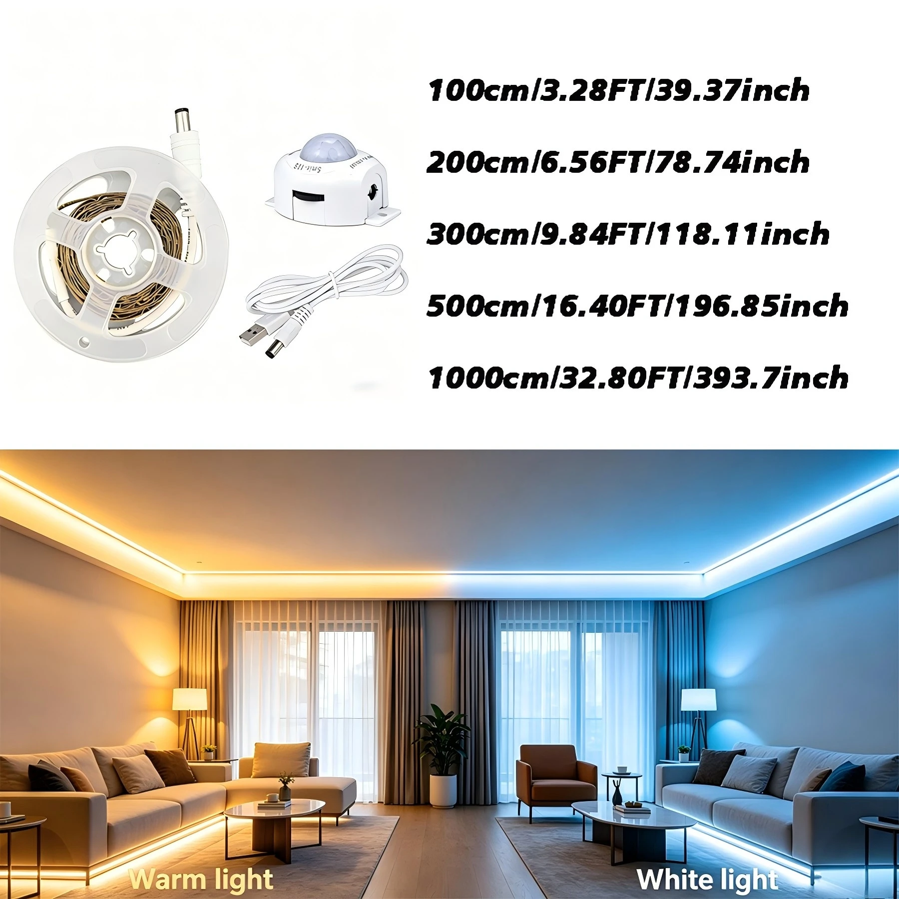USB-powered sensor light strip, available in warm/white colors. Self-adhesive, suitable for cabinets, hallways, bedrooms, etc.