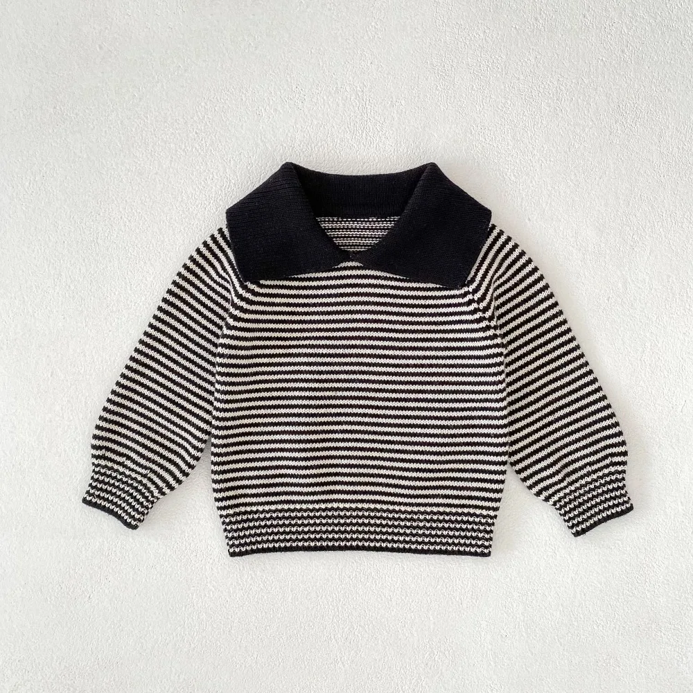 

2025 Autumn Baby Sweater 0-3Years Newborn Boy Girl Long Sleeve Turn Down Collar Striped Knitwear Pullover Tops Outfits Clothes