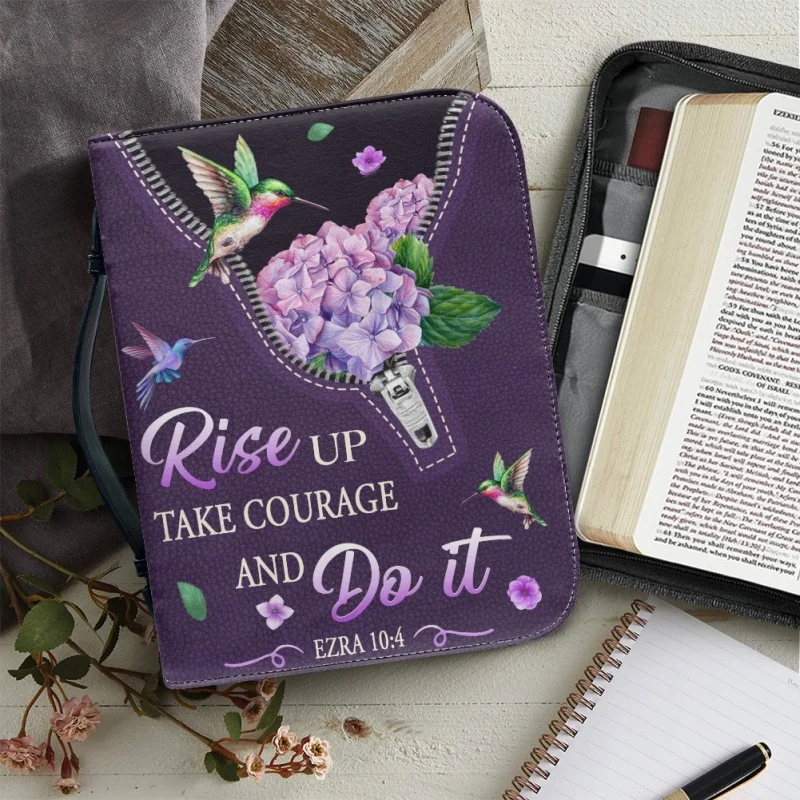 Rise Up Take Courage And Do It Ezra 10 4 colibrí funda de la Biblia personalizada con estampado de cuero, bolso de la Biblia para mujer, diseño cruzado