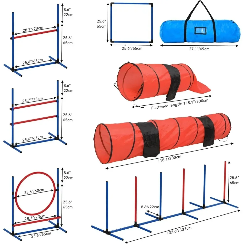 Dog Agility Training Equipments: Includes Flirt Pole Toy, 3 Flying Discs, 2 Agility Tunnel, 3 Jumps, 6 Weave Poles, Dog Toys