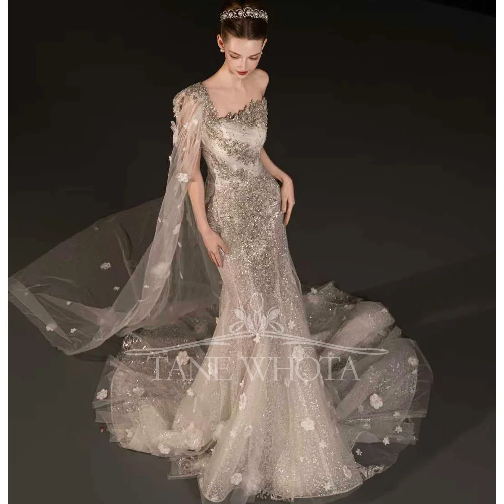 Sexy One-Shoulder Beaded Crystal Sequined Wedding Dress Customized Fit Sheath Gown For Women