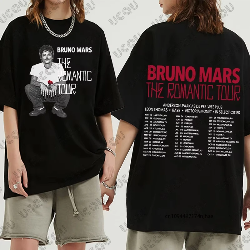 Bruno Mars The Romantic Tour 2026 T-shirt en coton avec graphismes pour femmes, t-shirt d'été à manches courtes et col rond, hauts décontractés unisexes