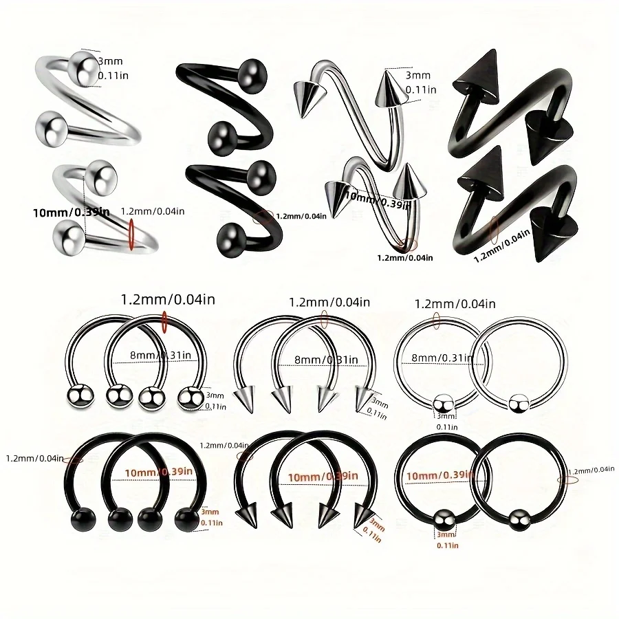 2pcs Stainless Steel S-shaped Earrings Tongue Nails Nose Nails Irregular Lip Nails Puncture Jewelry Set For Men and Women