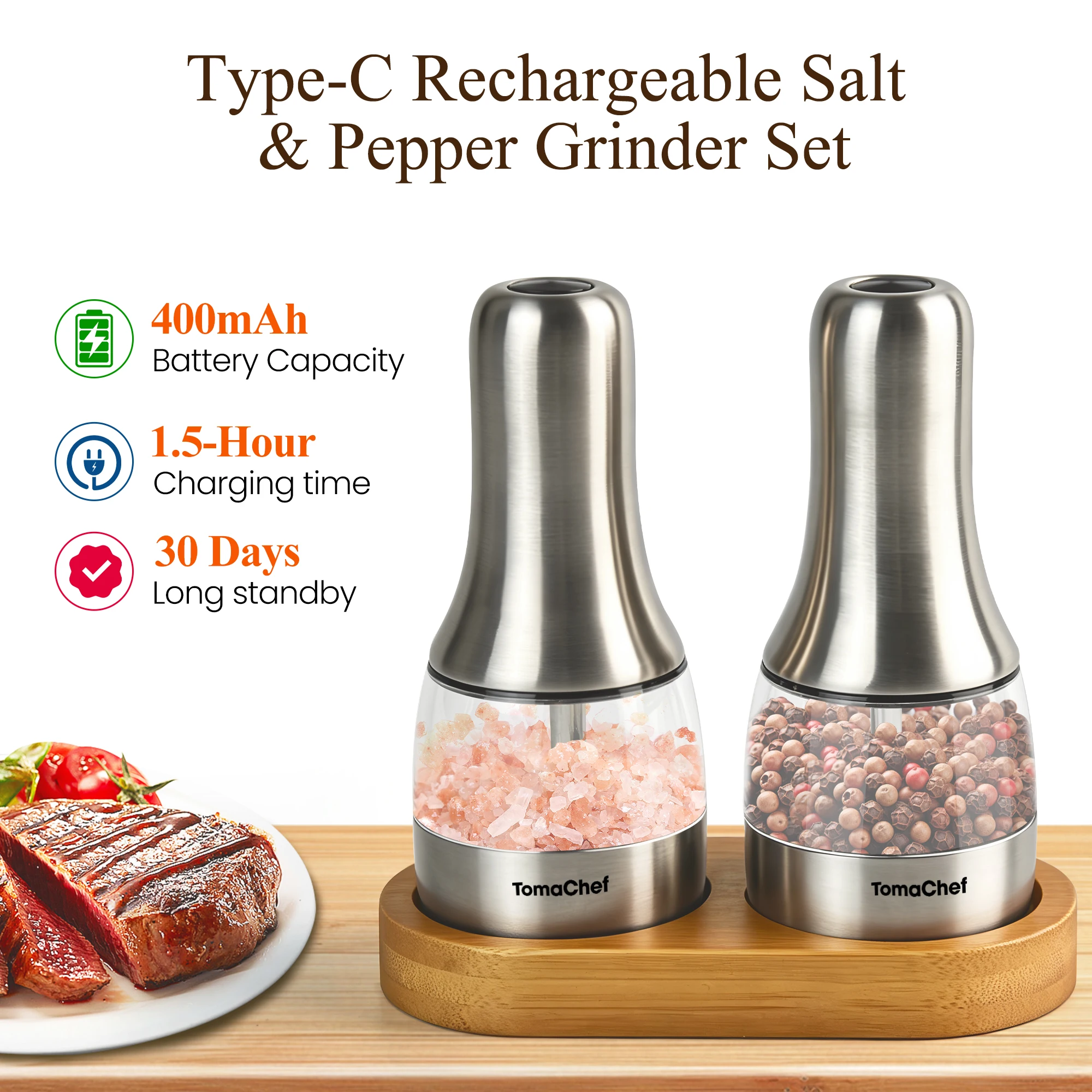 Electric Salt and Pepper Grinder Set – Automatic Salt and Pepper Grinder Set with USB-C Rechargeable Design, Adjustable Coarseness, LED Light, Sleek Stainless Steel Body and Wood Base