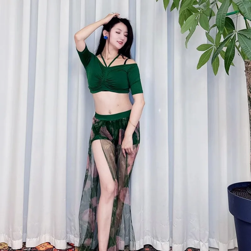 Юбка для танца живота по индивидуальному заказу, тренировочное платье, новинка 2025 года, чернильный порошок, имитация шелка, широкие брюки с разрезом, модальная одежда для танца живота